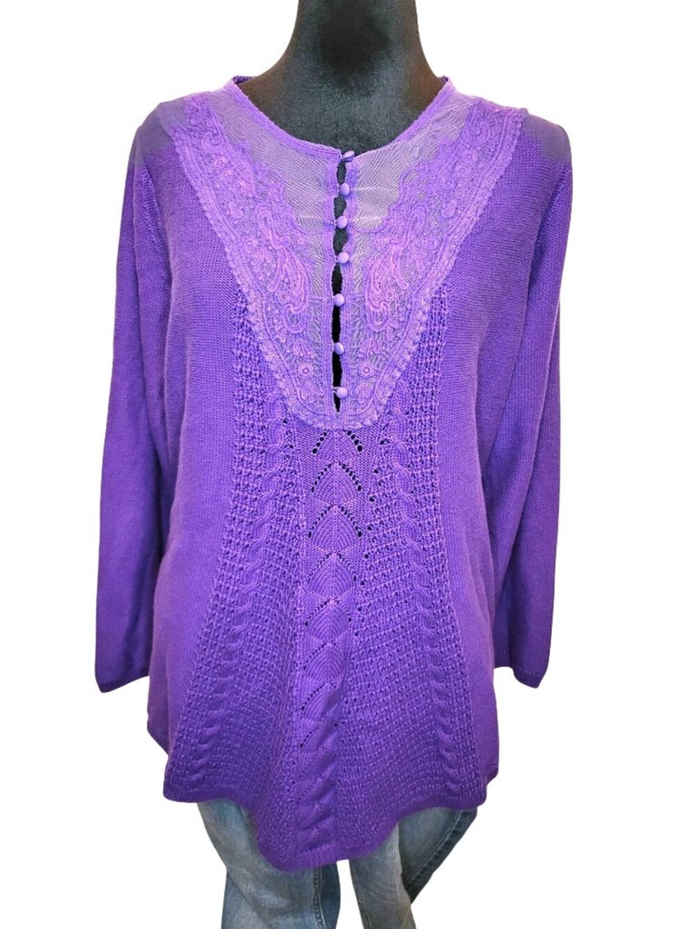 Roman's Purple 14/16 Cable Knit Babydoll Sweater Tunic Crochet Lace Fall Flowy